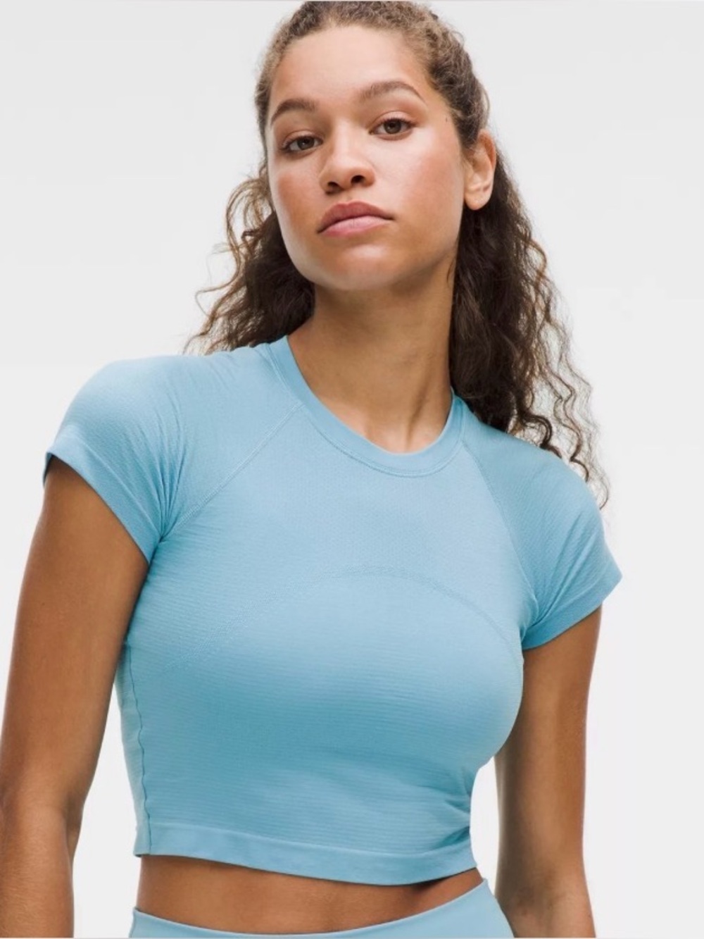 Lululemon Swiftly Tech Cropped Short-Sleeve Shirt 2.0 Spandex Stripe Pool Party